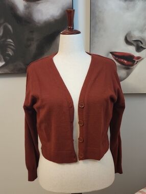 Nine West Rust Brown V-Neck Button-Front Cropped Cardigan XL